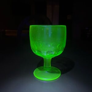 Mid-Century GLOWING Vaseline Glass Goblet, Bartlett Collins Thumbprint Pattern